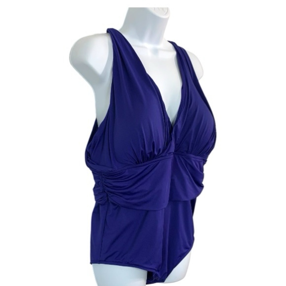 BADGLEY MISCHKA Mío Plunge Midnight Blue Shirred Waist 1 pc Swim Sz 18 - Picture 9 of 13